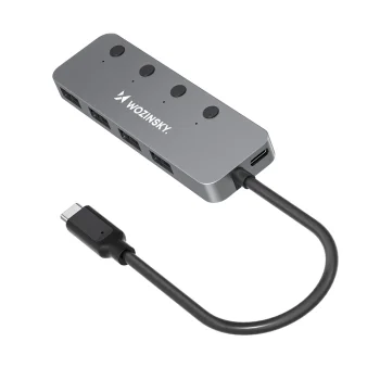 Wozinsky WHS080YSS 4-Port USB-A 3.0 Aluminum Hub with Switches and USB-C Cable, Gray