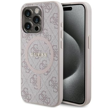 Apple iPhone 15 Pro 6.1'' Guess 4G Collection Leather Metal Logo MagSafe Case Cover, Pink