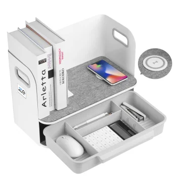 Ergo Office ER-441 Desk Organizer with Drawer and Wireless Charger, White
