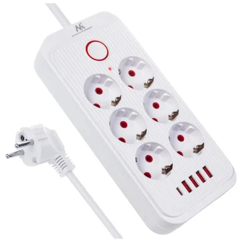 Maclean MCE389 W Power Strip, 6 Sockets, 4x USB-A, 1x USB-C, 1.5m, White