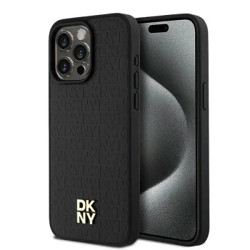 DKNY iPhone 15 Pro Max Case Leather Monogram Pattern MagSafe, Black