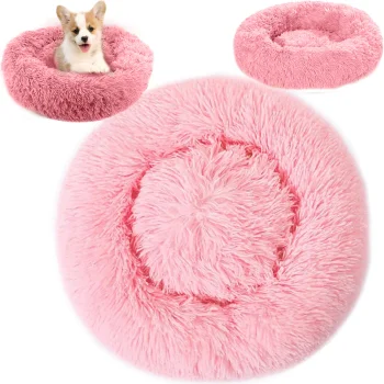 Plush Pet Bed for Dogs and Cats, Round Fluffy Cushion 50 x 15 cm, Light Pink