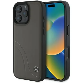 Mercedes iPhone 16 Pro Max Case Curved Stitches Leather, Brown