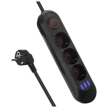 Maclean MCE394 B Power Strip, 3 Outlets + 3xUSB, 1.5m, 2500W, Black