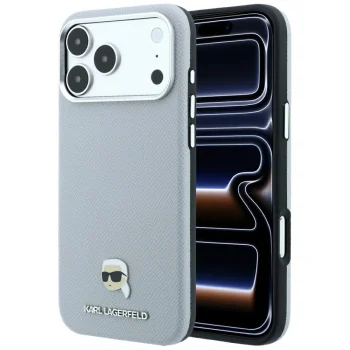 Karl Lagerfeld Grained Karl Head Metal MagSafe Case for iPhone 18 Pro Max / 17 Pro Max - Gray