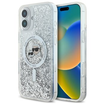 Apple iPhone 16 Plus 6.7'' Karl Lagerfeld Liquid Glitter Karl & Choupette Head Magsafe Cover Case, Clear