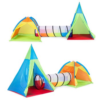 IPLAY 3-in-1 Kids Play Tent Set with Teepee, Dome Tent and Play Tunnel