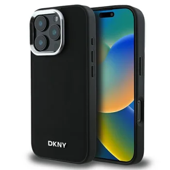 DKNY iPhone 16 Pro Case Plain Silver Logo MagSafe, Black