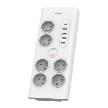 Philips 6-Outlet Surge Protector Power Strip with USB C, 4 USB-A, 2m Cord, white