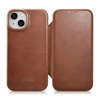 iCarer Oil Wax Genuine Leather Folio Case for iPhone 14 Plus with MagSafe, Brown (AKI14220707-BN)