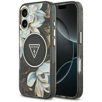 Guess IML Glitter Flowers Triangle MagSafe Phone Case Cover iPhone 17 - black