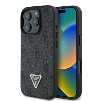 Guess iPhone 16 Pro Max Case Leather 4G Triangle Strass MagSafe, Black