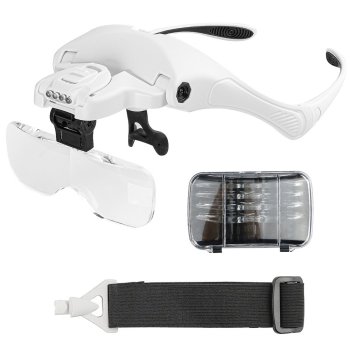 Headband Magnifier with 4 LED Lights & 5 Lenses up to 3.5x, White