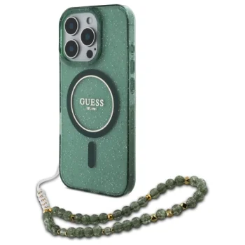 Guess iPhone 16 Pro Max Case IML Glitter With Pearl Strap MagSafe, Green