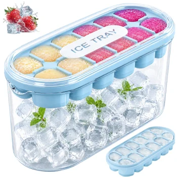 Silicone Ice Cube Tray with Container and Lid, Blue
