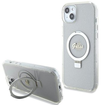 Guess Ring Stand Script Glitter MagSafe Case for iPhone 15 Plus / 14 Plus Transparent