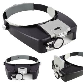Adjustable Headband Magnifier with 2 LED Lights 2x 8x, Black-Grey