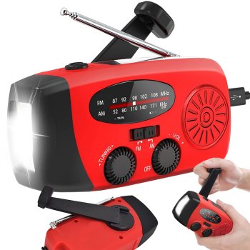Portable radio with LED flashlight, solar panel, hand crank dynamo and USB power bank, red/black/green