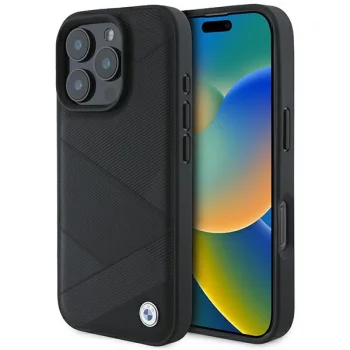BMW iPhone 16 Pro Case Leather Crossing Lines, Black