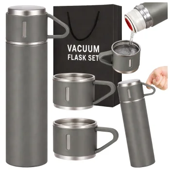 Nerūdijančio plieno termosas 400 ml su 3 puodeliais, pilkas