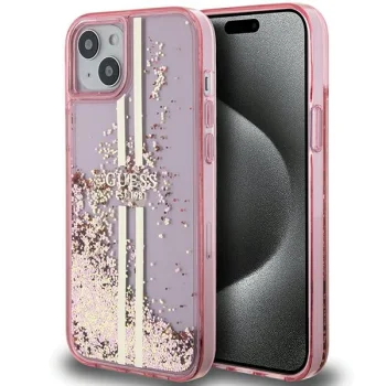 Guess iPhone 15 Plus / 14 Plus Case Liquid Glitter Gold Stripes, Pink