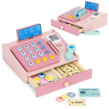 Wooden Toy Cash Register for Kids with Scanner, Play Money and Card