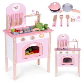 Children’s play kitchen with 8 wooden accessories, oven and sink, pink, ECOTOYS