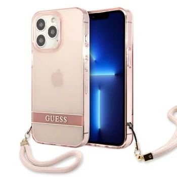 Guess Translucent Stap dėklas iPhone 13 Pro Max su riešo dirželiu, rožinis