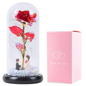 Eternal Rose in Glass Dome with RGB LED Light and Figurine