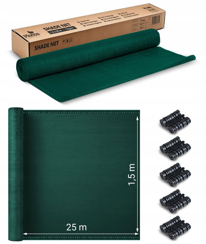 Plonos Premium Green UV Protection Garden Shade Net 1.5x25m 140g/m² + 50 Clips (0)