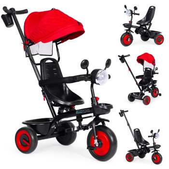 ECOTOYS 3-in-1 Kids' Tricycle with Rotating Seat and Canopy, Red