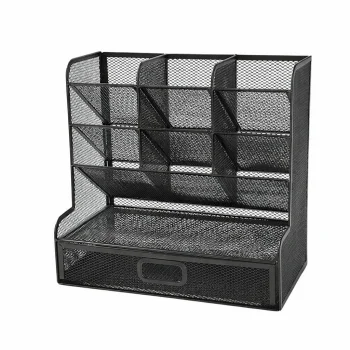 Metal Desk Organizer, 9 Compartments and Drawer, Black