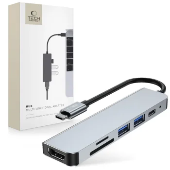 Tech-Protect V4 6-in-1 USB-C Hub (HDMI, USB-A, SD/TF) - Gray