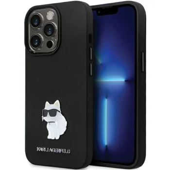 Karl Lagerfeld iPhone 14 Pro Case Silicone Choupette Metal Pin, Black