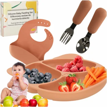 Silicone Tableware Set for Kids, 4 Pieces, Bear, Orange