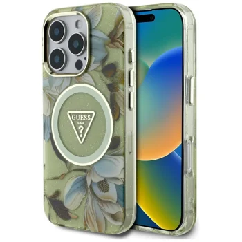 Guess Glitter Flowers Triangle Buttons MagSafe Phone Case Cover iPhone 16 Pro Max green