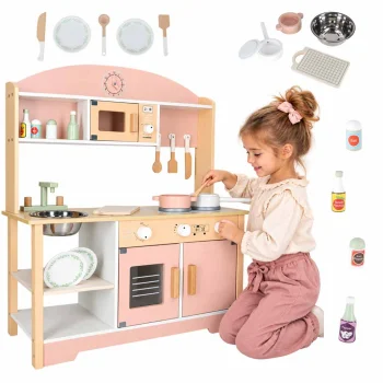 Medinė vaikiška žaislinė virtuvėlė MODERN CLASSIC su priedais 81 cm, rožinė