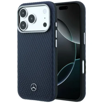 Mercedes Leather Semi Wrap Wood Effect MagSafe Case for iPhone 17 Pro, Navy Blue