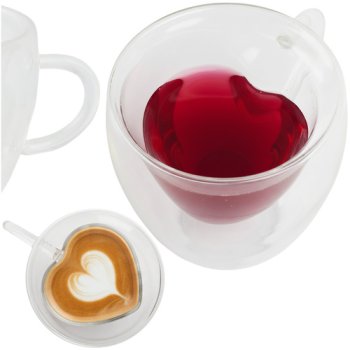 Ruhhy Heart-Shaped Double Wall Glass Mug 240ml Insulated Coffee Cup 26906