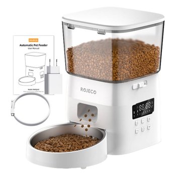 Rojeco 2L Automatic Feeder Bowl Container Food Dispenser for Dogs Cats, White
