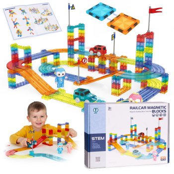 Magnētiskie klucīši auto trase 154 elementi ar 2 LED mašīnītēm