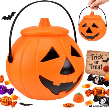 Large Halloween Pumpkin Candy Bucket with Lid, Orange