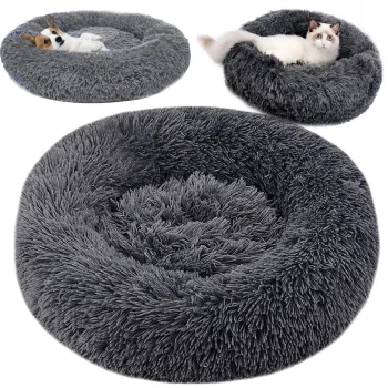 Soft Plush Pet Bed for Dogs and Cats, Round, 50cm, Dark Grey