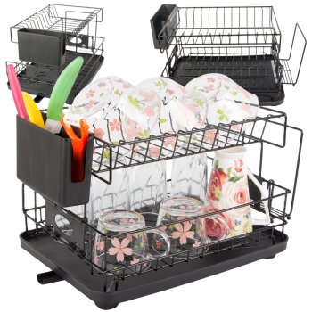 2-Tier Dish Drying Rack with Drainboard and Utensil Holder for Kitchen Counter, Black