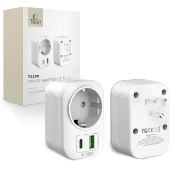 Tech-Protect TA100 EU to US Travel Adapter with USB-A and USB-C - White