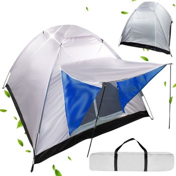 4-Person Camping Igloo Tent with Awning, Silver-Blue