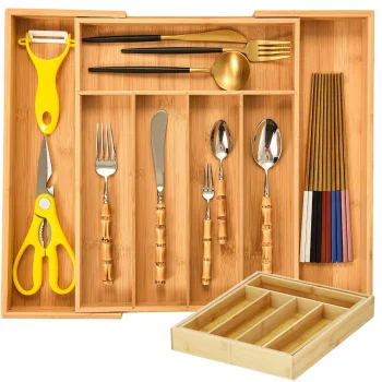Bamboo Cutlery Drawer Organizer, 7 Compartments, 27-39cm