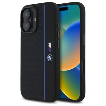 BMW iPhone 16 Case Silicone Hexagon Blue Line MagSafe - Black