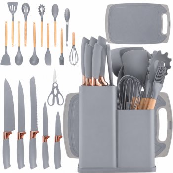 Kitchen Knife and Utensil Set with Block and Cutting Board, 19 Pieces, Grey