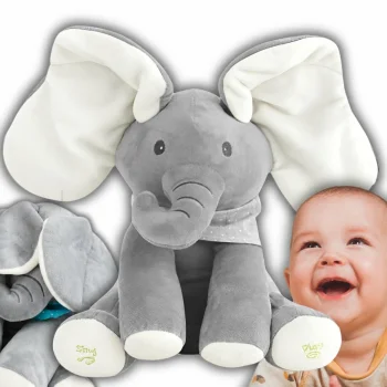 Interactive Elephant Plush Toy with Sound and Moving Ears, 30 cm, Grey and White